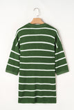 Green Stripe Henley Buttoned Placket Drop Shoulder Bracelet Sleeve Knit Sweater Tee