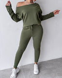 2PCS Solid Skew Neck Long Sleeve Top & Stretchy Waist Pants Set