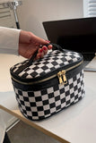 Black Checkered Zipper Large Cosmetic Bag with Handle