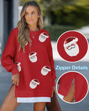 Christmas Rhinestone Wine Glass Pattern Casual Dress Zipper Design Crewneck Long Sleeve Sweatshirt