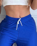 Striped Side Zipper Design Drawstring Wide Leg Casual Pants