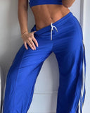 Striped Side Zipper Design Drawstring Wide Leg Casual Pants