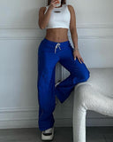Striped Side Zipper Design Drawstring Wide Leg Casual Pants
