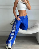 Striped Side Zipper Design Drawstring Wide Leg Casual Pants