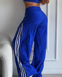 Striped Side Zipper Design Drawstring Wide Leg Casual Pants