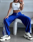 Striped Side Zipper Design Drawstring Wide Leg Casual Pants