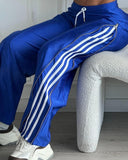 Striped Side Zipper Design Drawstring Wide Leg Casual Pants
