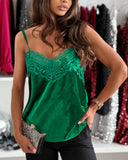 Velvet Contrast Lace V Neck Spaghetti Strap Tank Casual Loose Fit Top