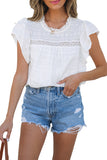 White Lace Neckline Flutter Sleeve Eyelets Blouse