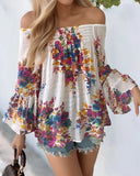 Floral Print Shirred Round Neck Top