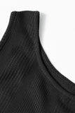Black Solid Color Ribbed Ruffle Tank Top and Pants Set