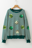 Green Stripe Four Leaf Clover Pattern St Patricks Drop Shoulder Sweatshirt