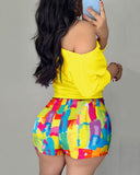 Faith Print Off the Shoulder Colorblock Chic Tied Detail Rompers with Belt