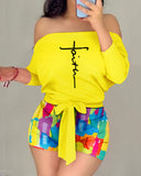 Faith Print Off the Shoulder Colorblock Chic Tied Detail Rompers with Belt