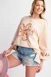 Beige Plus Size Flower Patched Side Slits Crewneck Top