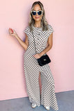 Khaki Checkered Print Buttoned Crew Neck Wide Leg Jumpsuit