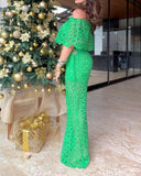 2 Piece Floral Pattern Off the Shoulder Batwing Sleeve Hollow out Top Straight Leg Pants Elegant Pants Set