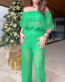 2 Piece Floral Pattern Off the Shoulder Batwing Sleeve Hollow out Top Straight Leg Pants Elegant Pants Set