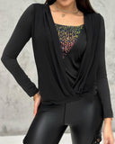 Contrast Sequin Cowl Neck Ruched Long Sleeve Top