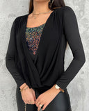 Contrast Sequin Cowl Neck Ruched Long Sleeve Top