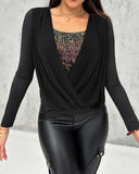 Contrast Sequin Cowl Neck Ruched Long Sleeve Top