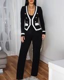 2 Piece Colorblock Print Deep V Button Decor Long Sleeve Straight Pants Work Pants Set