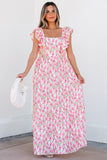 Pink Floral Print Square Neck Ruffled Strap Maxi Dress