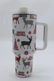 White Merry Christmas Tree Snowflake Elk Print Handle Tumbler