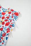 Red Flowers Pintuck Detail V-Neck Ruffled Sleeve Top