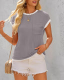 Colorblock Round Neck Short Sleeve Ribbed T Shirt Casual Loose Fit Kni Top