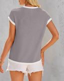 Colorblock Round Neck Short Sleeve Ribbed T Shirt Casual Loose Fit Kni Top