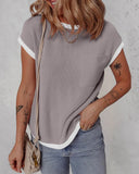 Colorblock Round Neck Short Sleeve Ribbed T Shirt Casual Loose Fit Kni Top