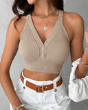 Seamless Buttoned V Neck Sleeveless Rib Knit Crop Top