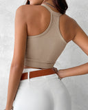 Seamless Buttoned V Neck Sleeveless Rib Knit Crop Top