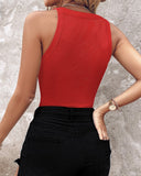 Rhinestone Contrast Sequin Keyhole Neck Sleeveless Slim Fit Elasticity Ribbed Top Elegant Tank