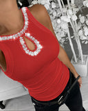 Rhinestone Contrast Sequin Keyhole Neck Sleeveless Slim Fit Elasticity Ribbed Top Elegant Tank