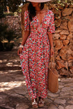 Red Floral Half Sleeve Deep V Neck Cutout Back Split Maxi Dress