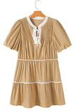 Pale Khaki Contrast Trim Pintuck Puff Sleeve Tied Neck Short Dress