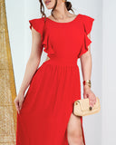 Shoulder Frill Hem Backless Tied Detail Midi Dress Sexy High Slit A Line Dress