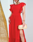 Shoulder Frill Hem Backless Tied Detail Midi Dress Sexy High Slit A Line Dress