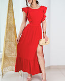 Shoulder Frill Hem Backless Tied Detail Midi Dress Sexy High Slit A Line Dress