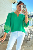 Green Contrast Floral Embroidered 3/4 Sleeve Notched V Neck Elegant Blouse