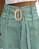 Hollow out High Waist O Ring Belted Above Knee Pants Casual Pants with Pocket