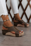 Chestnut Suede Patched Studded Cut Out Wedge Sandals