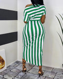 Striped Print Ruched Slit Casual Dress