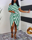 Striped Print Ruched Slit Casual Dress