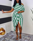 Striped Print Ruched Slit Casual Dress