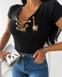 Chain Decor Lace Up V Neck Short Sleeve T Shirt Casual Rhinestone Patch Slim Fit Top