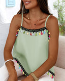 Square Neck Spaghetti Strap Colorful Tassel Decor Tank Casual Loose Fit Top