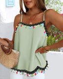 Square Neck Spaghetti Strap Colorful Tassel Decor Tank Casual Loose Fit Top